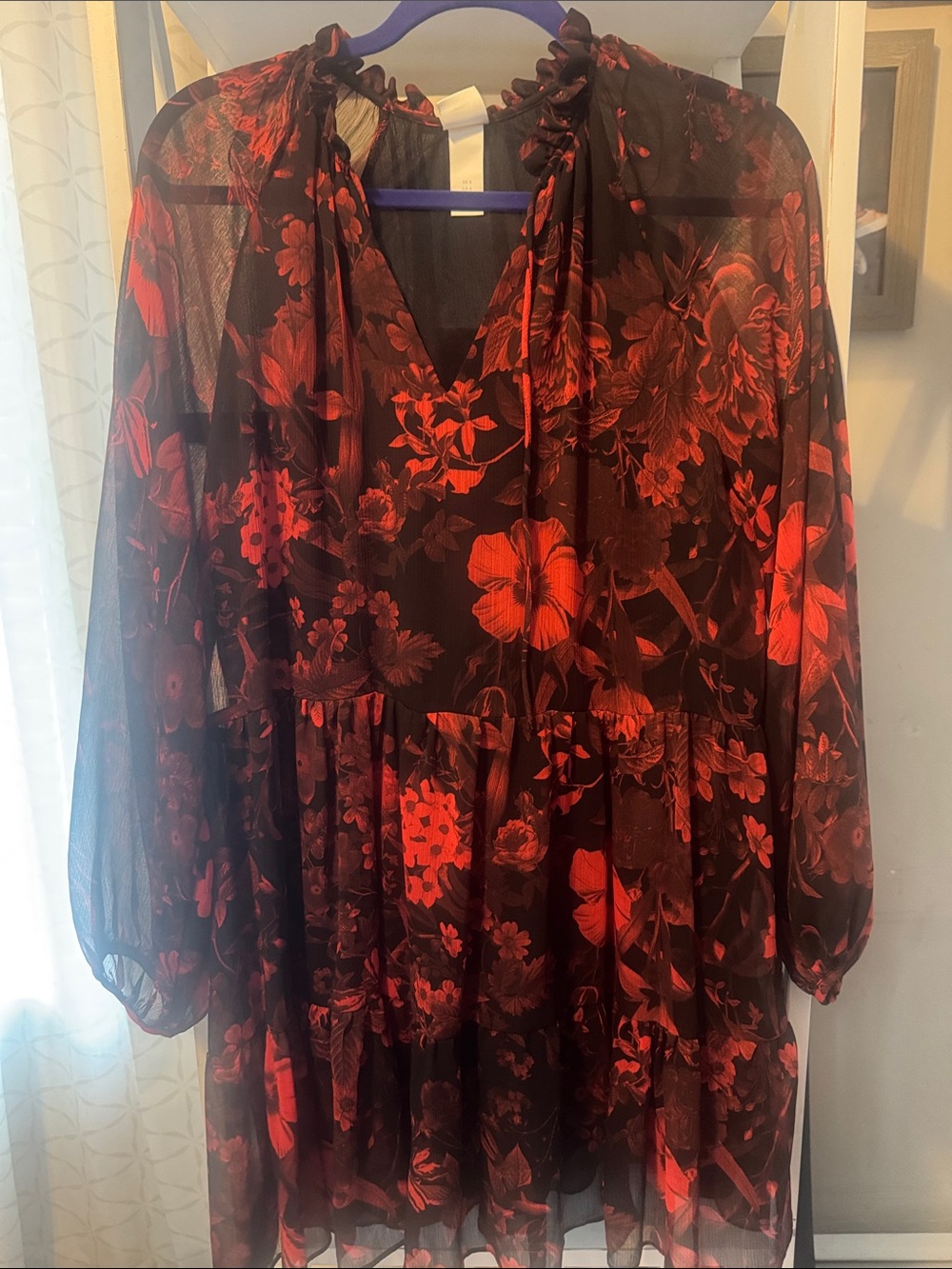 H&M Women's Black Dress with Red Floral Print